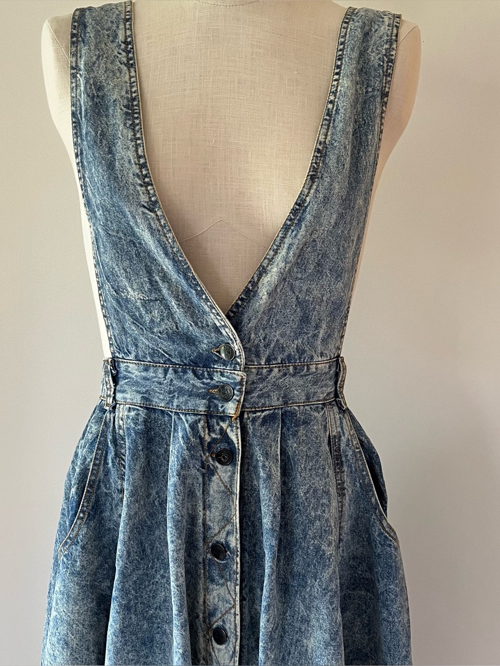 Vintage Acid Wash Denim Button-Front Pinafore Dress - Blue - Picture 2 of 6